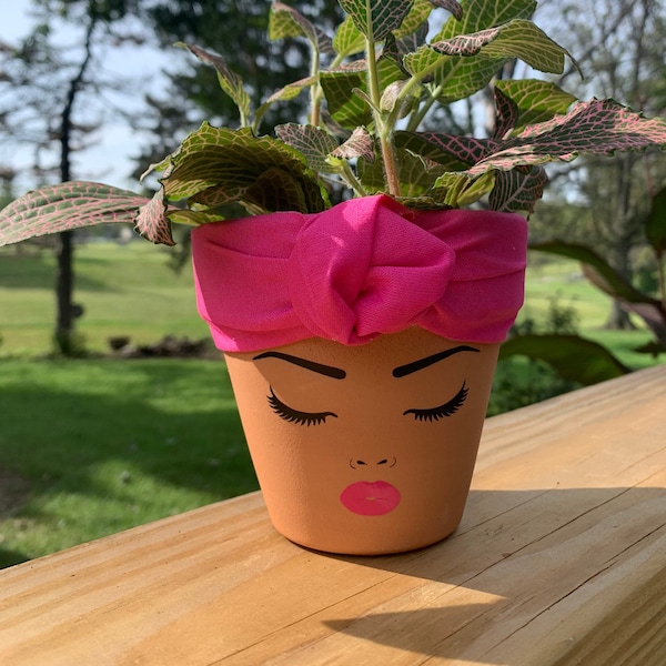 4 inch Breast Cancer Awareness Terracotta face planter pots with pink headwrap