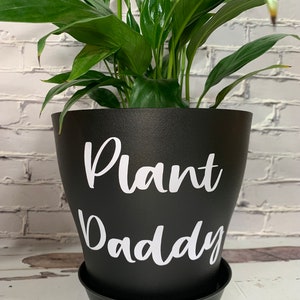 May include: A black plant pot with a white inscription that reads "Plant Daddy". The pot is filled with a green plant with large leaves.