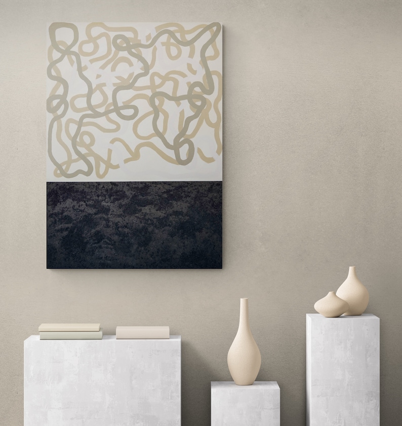 Large Abstract Scribble Wall Decor Neutral Scribble Abstract Art Contemporary Painting with Coffee image 1