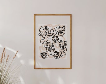 One Line Art | 8x10 Abstract Faces Art Print | Neutral Wall Decor