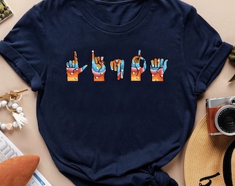 Aesthetic Star aangepast ASL-shirt, T-shirt gebarentaal, gepersonaliseerde naam ASL-cadeau, aangepast shirt gebarentaal voor mannen vrouwen