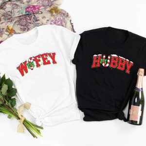 WIFEY and HUBBY Christmas Couple Shirt, Matching Christmas Shirt For Couples, Couples Christmas Gift, Christmas Couple Tshirt