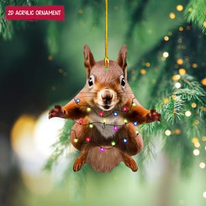 Op de afbeelding: Een 2D acryl kerstornament met een bruin eekhoorntje versierd met een slinger van veelkleurige lichtjes. Het eekhoorntje houdt de lichtjes vast met uitgestrekte armen. Het ornament heeft een gouden touwtje om op te hangen en een rode banner met de tekst "2D Acrylic Ornament".