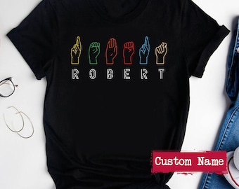 Retro shirt ASL gebarentaal, Deaf Pride ASL T-shirt, aangepast naamshirt voor mannen vrouwen, shirt gebarentaal, ASL haar hem cadeau