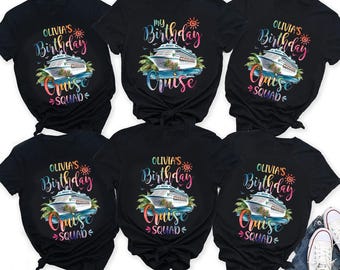 Puede incluir: Seis camisetas negras con un diseño de arcoíris que presenta un crucero y el texto "Olivia's Birthday Cruise Squad".
