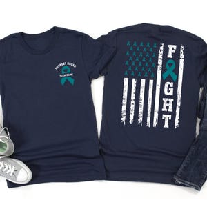 Fight Ovarian Cancer US Flag Shirt, Teal Ribbon Shirt, Ovarian Cancer Awareness T-Shirt, Personalized Ovarian Warrior Team Name Tshirt