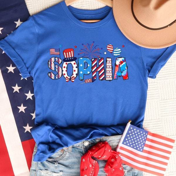 Gepersonaliseerd Four of July Kids Shirt, aangepaste naam peuter shirt, gepersonaliseerd jeugdshirt, patriottisch shirt, 4 juli cadeau