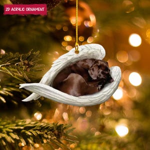 Może przedstawiać: 2D akrylowa ozdoba choinkowa przedstawiająca brązowego psa wtulonego w białe skrzydła anioła. Ozdoba wisi na złotym sznurku na rozmytym tle światełek i zieleni bożonarodzeniowej. Tekst: "2D ACRYLIC ORNAMENT".