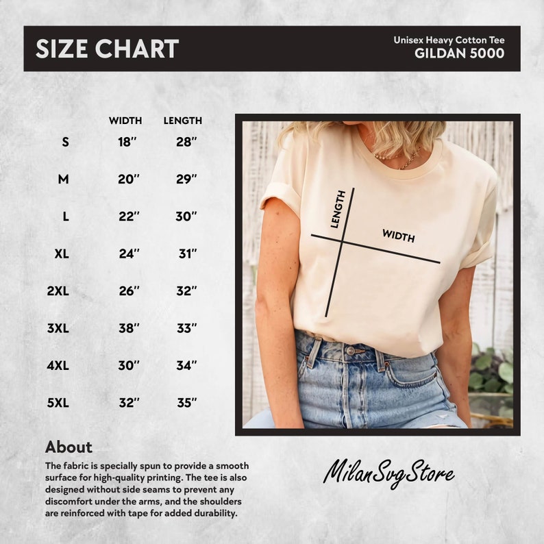 Pu&ograve; includere: Tabella delle taglie per una t-shirt in cotone pesante unisex, Gildan 5000, con misure in pollici per larghezza e lunghezza. La tabella mostra le taglie dalla S alla 5XL. Il tessuto &egrave; filato appositamente per fornire una superficie liscia per una stampa di alta qualit&agrave;. La t-shirt &egrave; anche progettata senza cuciture laterali per evitare qualsiasi disagio sotto le braccia, e le spalle sono rinforzate con nastro per una maggiore durata.
