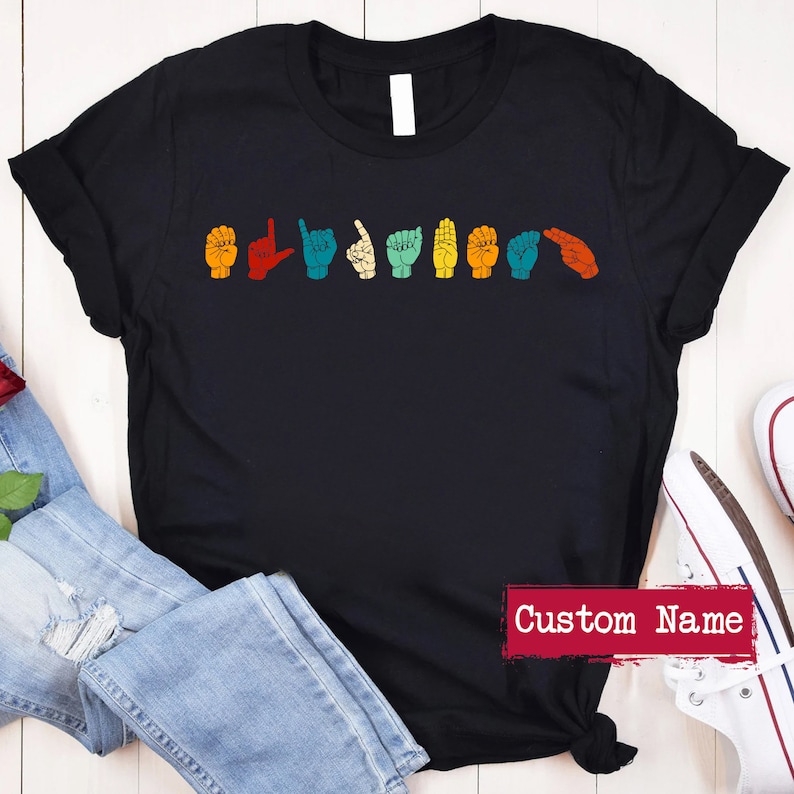 Vintage Retro Personalized ASL American Sign Language T-Shirt, ASL Shirt, Custom Name Sign Language Shirt, ASL Gift Shirt image 1