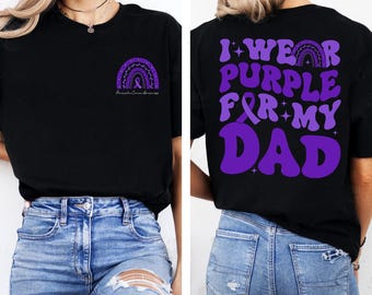 Camiseta "Eu visto roxo para meu pai e minha mãe", camiseta de conscientização sobre câncer de pâncreas, camiseta de conscientização com laço roxo, esquadrão de apoio, camisetas combinando para a família