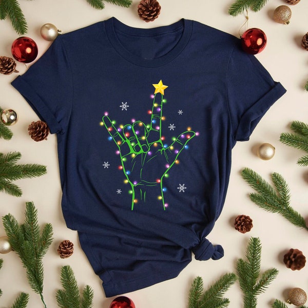 Rock Christmas Shirt, ASL Christmas Shirt, Christmas Tree Sign Language T-Shirt, Sign Language Christmas Tee, Christmas Lights