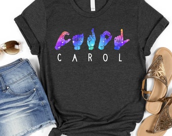 Custom elke tekst T-shirt gebarentaal, Stars Galaxy Universe-patroon T-shirt, aangepast ASL-shirt, shirt gebarentaal, ASL-cadeau