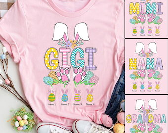 Personalized Gigi Grandma Easter Day Shirts with Grandkids Names, Grandma Hunting Eggs Shirt, Easter Grandma Gift, Grandma Easter Shirts