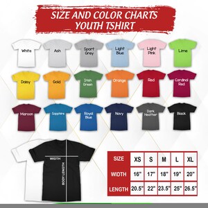 May include: Youth t-shirt size and color chart with 18 different color options. The chart shows the size measurements in inches for XS, S, M, L, and XL. The chart also shows the width and length measurements for each size.