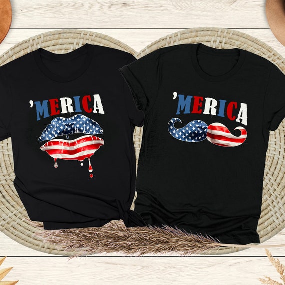 Merica Lips and Mustache Couple 4th of July Shirt, Fourth of July Matching T Shirts, Matching Couple T Shirts, Couple Tees