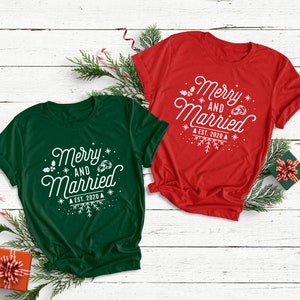 Merry and Married Shirt, Engagement Shirt, Anniversary Shirts, Bride and Groom, Couples Christmas T-Shirt, Funny Couple Shirt