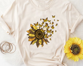 Leopard Sunflower Butterfly Shirt, Cute Sunflower Shirt, Flowers Gift T-shirt, Botanical Tee, Butterfly Tee, Floral Shirt