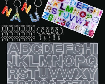 51pcs Alphabet Résine Silicone Moules En arrière Alphabet Moules en silicone pour la résine, numéro de lettre Porte-clés Epoxy Moules Set pour la fabrication du porte-clés