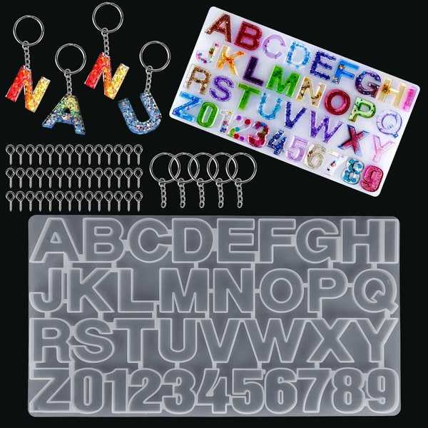 51pcs Alphabet Résine Silicone Moules En arrière Alphabet Moules en silicone pour la résine, numéro de lettre Porte-clés Epoxy Moules Set pour la fabrication du porte-clés