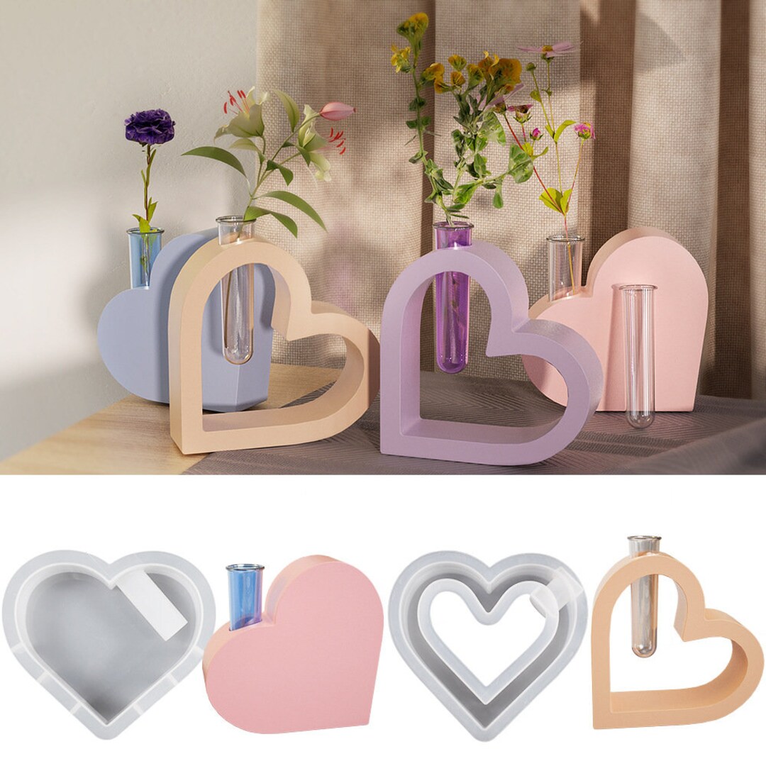 Heart Shape Epoxy Resin Vase Mold With 5 Test Tubes for Vase Plant