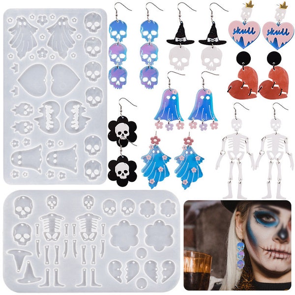 Halloween Resin Earring Molds 2pcs/set, Silicone Jewelry Pendant Keychain Mold ,Skull Witch Bat Ghost Mold for Epoxy Resin Casting Clay