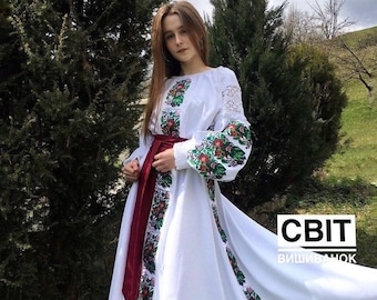 White embroidered ethnic dress, Ukraine flower vyshyvanka, boho chic custom summer traditional national dress, gift