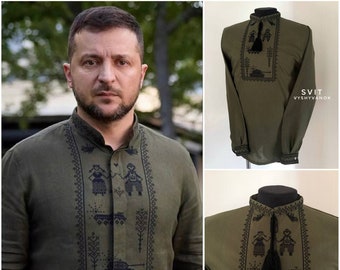 Zelensky's geborduurde linnen Vyshyvanka-shirt: kaki militaire stijl