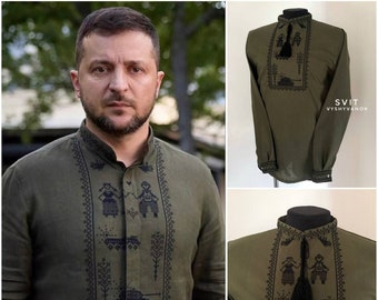 Zelensky's Embroidered linen shirt, military shirt, shirt with tanks, Mens khaki vyshyvanka, shirts Traditional clothing, Ethnic shirts