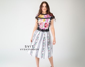 Embroidered floral dress, midi dress with chiffon, summer dress, Boho style, Ethnic folk ukrainian vyshyvanka, black lace, lace dress