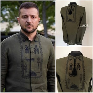 Zelenskys besticktes Leinenhemd, Militärhemd, Hemd mit Panzern, Herren Khaki Vyshyvanka, Hemden Traditionelle Kleidung, Ethnische Hemden