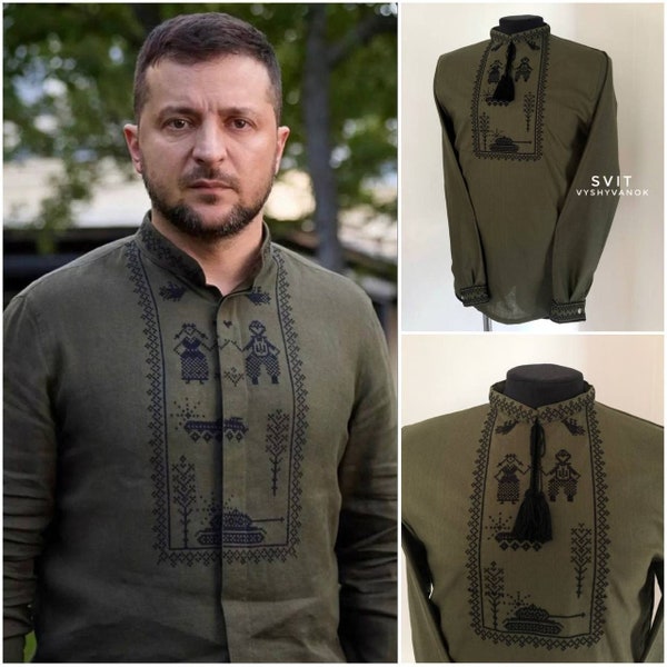 Zelensky's Embroidered linen shirt, military shirt, shirt with tanks, Mens khaki vyshyvanka, shirts Traditional clothing, Ethnic shirts