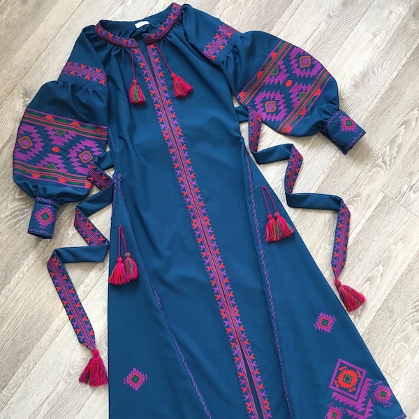 Teal midi embroidered dress vyshyvanka,ethnic ukrainian folk dress, costume fabric ,bohemian style, spring dress,gift for wife,free shipping