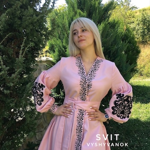Light Pink Embroidered Linen Dress: Boho Style Spring Dress Sizes S–5XL