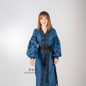 Embroidered turquoise floral dress, Ukrainian embroidey, vyshyvanka Fashion, Bohemian maxi dresses, flower embroidery, folk style.