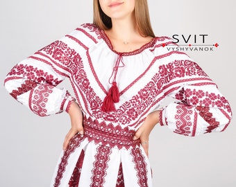 Embroidered Linen Midi White Dress: Floral Burgundy Vyshyvanka, Boho Wedding Sizes S–5XL