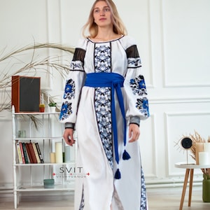 Boho Abito ucraino Abito a fiori Abito ricamato Caftano Chic Nationale Ucraino Vyshyvanka Abiti di lino Abbigliamento personalizzato Boho