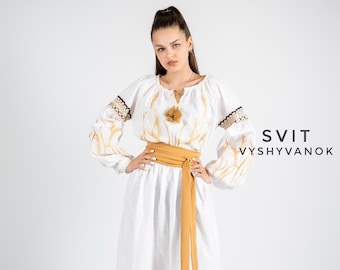 Oekraïense jurk "Golden Ears" geborduurde jurk chique Nationale Oekraïense Vyshyvanka linnen jurken Custom kleding Boho schoven