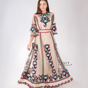 Embroidered floral tulle dress, dress with tulle, half sleeve, Boho style, elegant national dress, Ethnic folk ukrainian vyshyvanka, lace