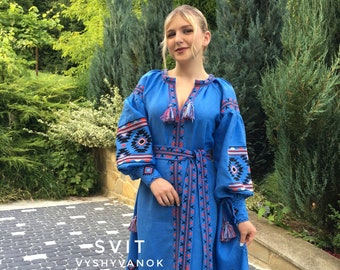 Blue embroidered dress, ethnic ukrainian folk dress, natural linen,bohemian style, summer dress,gift for wife, midi dress, vyshyvanka dress.