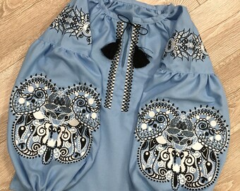 Embroidered ukrainian blouse S-4XL Light blue blouse Clothing Boho,gift for girl, summer blouse, natural canvas, gift for her