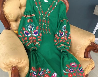 Embroidered Green Short Boho Dress Bohemian Style Ukrainian Vyshyvanka Dress Women Natural Linen Color Embroidery Roses