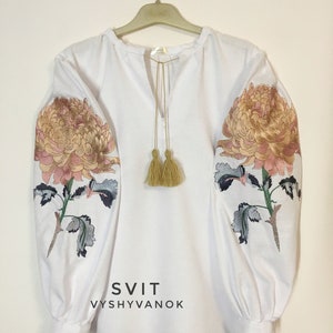 Embroidered Linen White Blouse: Floral Chrysanthemum, Boho Style Sizes S–5XL