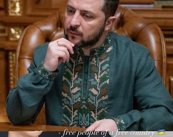Zelensky's geborduurd linnen shirt, militair shirt, shirt met drietand, kaki vyshyvanka heren, shirts Traditionele kleding, etnische shirts