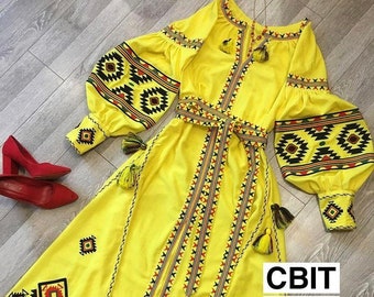 Yellow midi embroidered dress vyshyvanka,ethnic ukrainian folk dress, natural linen,bohemian style, summer dress,gift for wife,free shipping