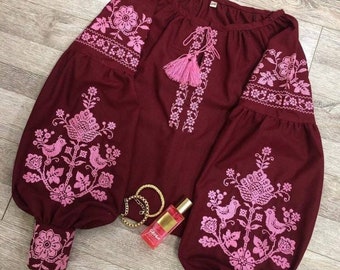 Burgundy Embroidered Floral Burgundy Blouse: Boho Natural Canvas Shirt Sizes S–5XL