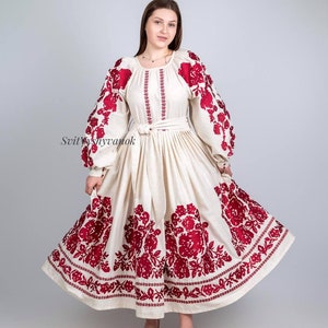 Embroidered Dress Flower Dress Embroidered mid-calf Folk Chic Nationale Ukrainian Vyshyvanka Linen clothes Custom Clothing Dance Dresses
