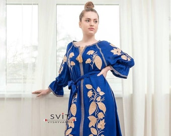 ロイヤルブルーの刺繍入りドレス ヴィシヴァンカ、ウクライナ民族衣装、天然リネン、春服、夏服、妻への贈り物、送料無料