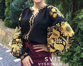 Black Linen Embroidered Blouse: Orange Boho V-Neck Top Sizes S–5XL