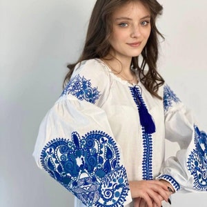 Embroidered Blouse with Blue Thread Detailing, bright blouse White blouse Casual shirt Clothing Boho,linen wear, gift for her